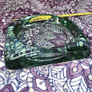 Spanish green recycled glass ashtray, big heavy art glass ashtray w/ mod square